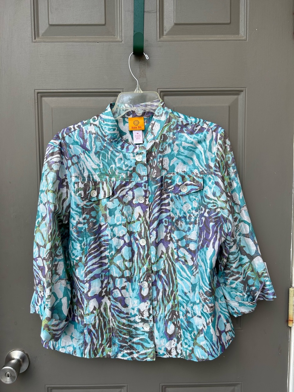 Ruby Rd Metallic Roll Tab Sleeves Print Button-Up Jacket in Teal & Purple